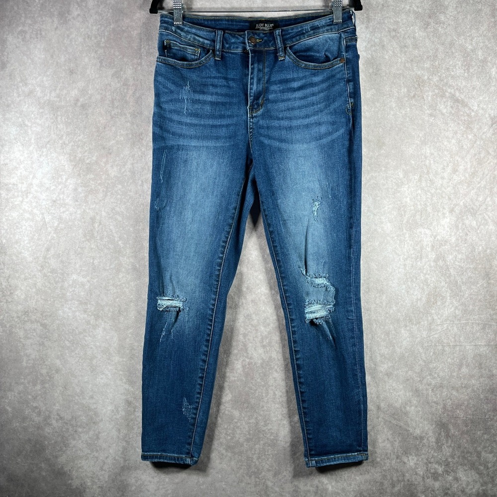 Judy Blue Jeans Womens 31 Dark Blue Denim Distressed Skinny Relaxed Fit Stretch